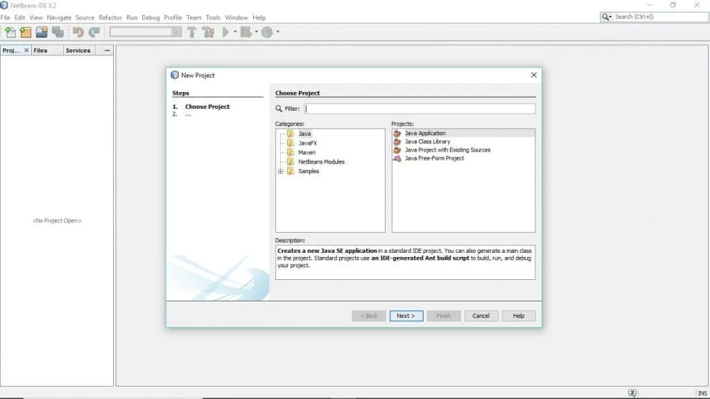 Selección de Java Application en Netbeans IDE
