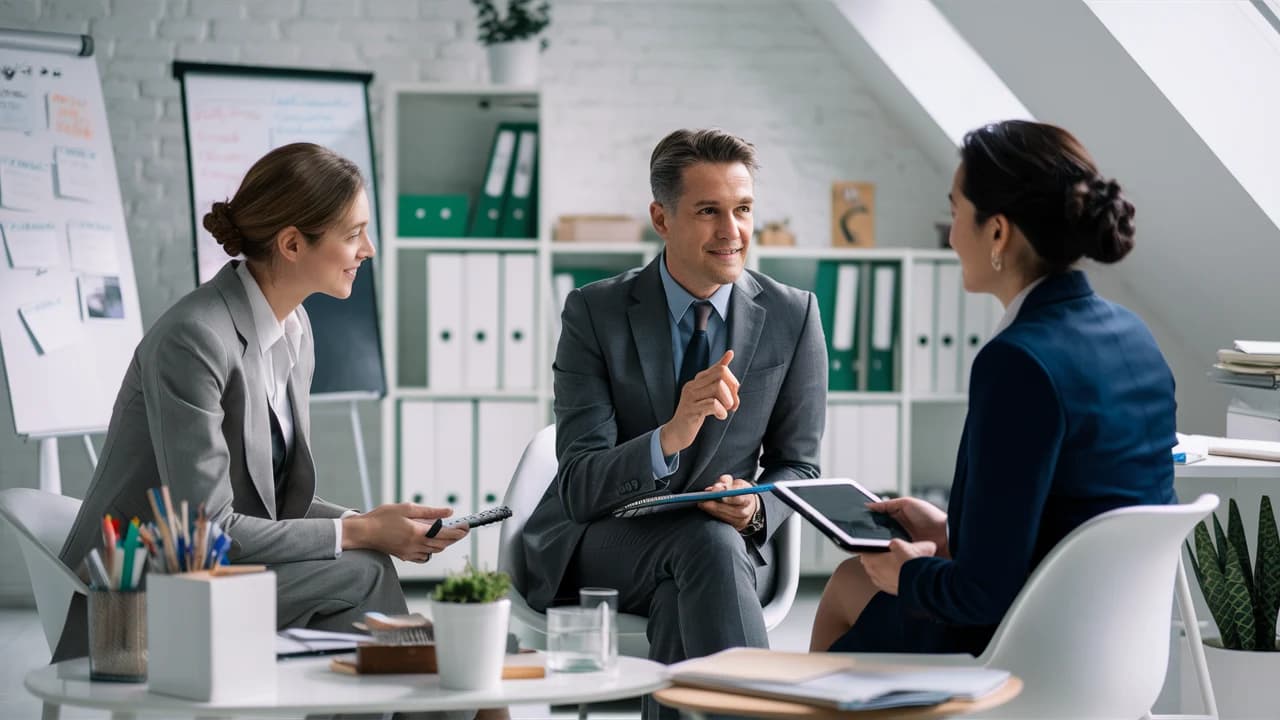 Alto mando empleando el coaching empresarial para guir a los otros jefes de departamento a nuevas metas y objetivos