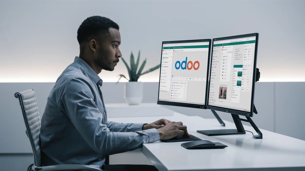 Trabajador usando Odoo 17 en su empresa
