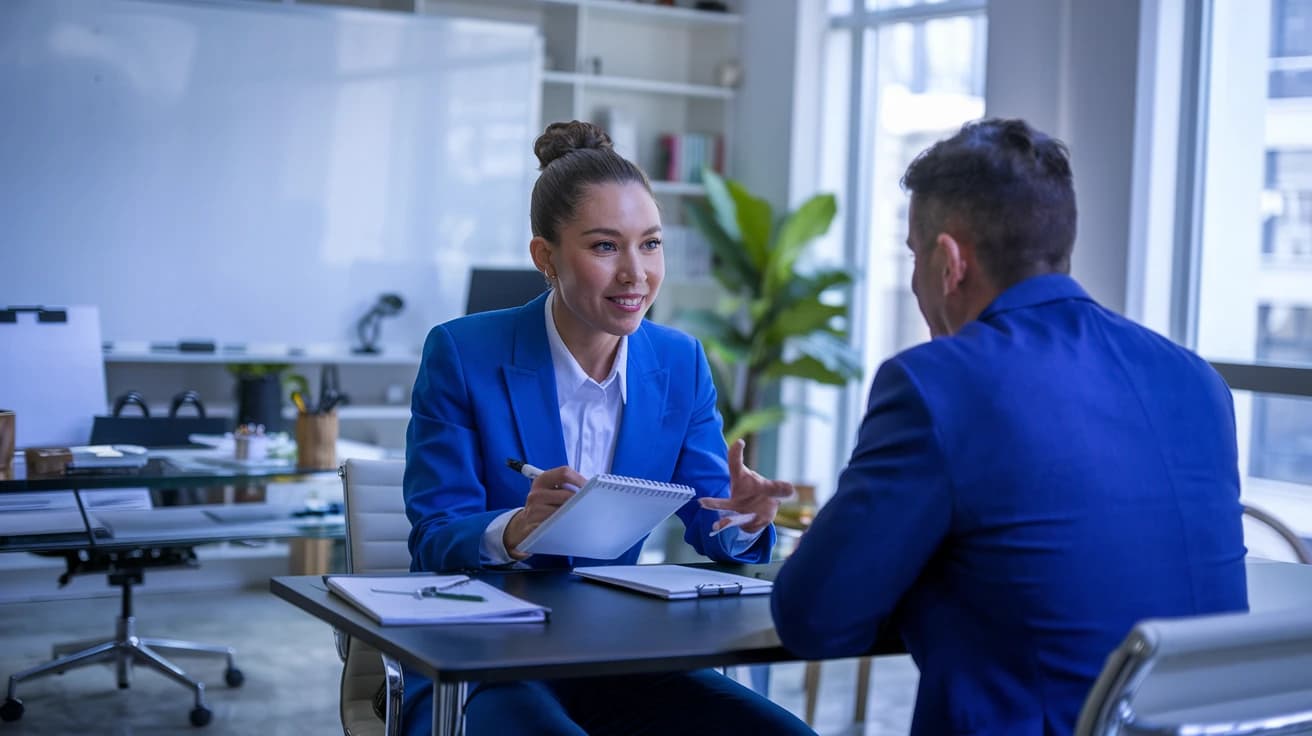 Coach de empresa teniendo una reunión con uno de sus trabajadores para que alcance sus metas