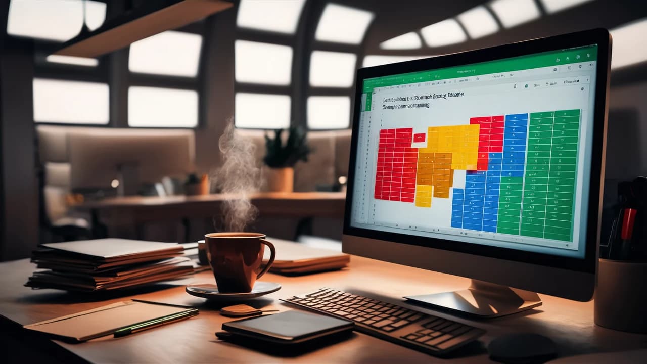 Pantalla de ordenador mostrando Google Sheets con sus celdas rellenas de color por el formato condicional