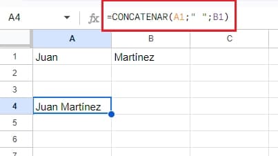 Ejemplo de concatenar en google sheets