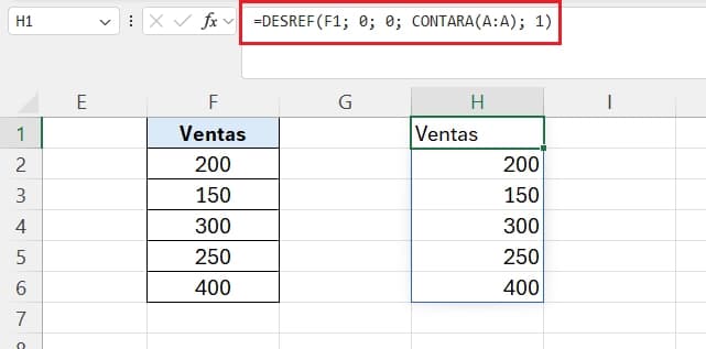 Ejemplo de rango dínamico con función desref en excel