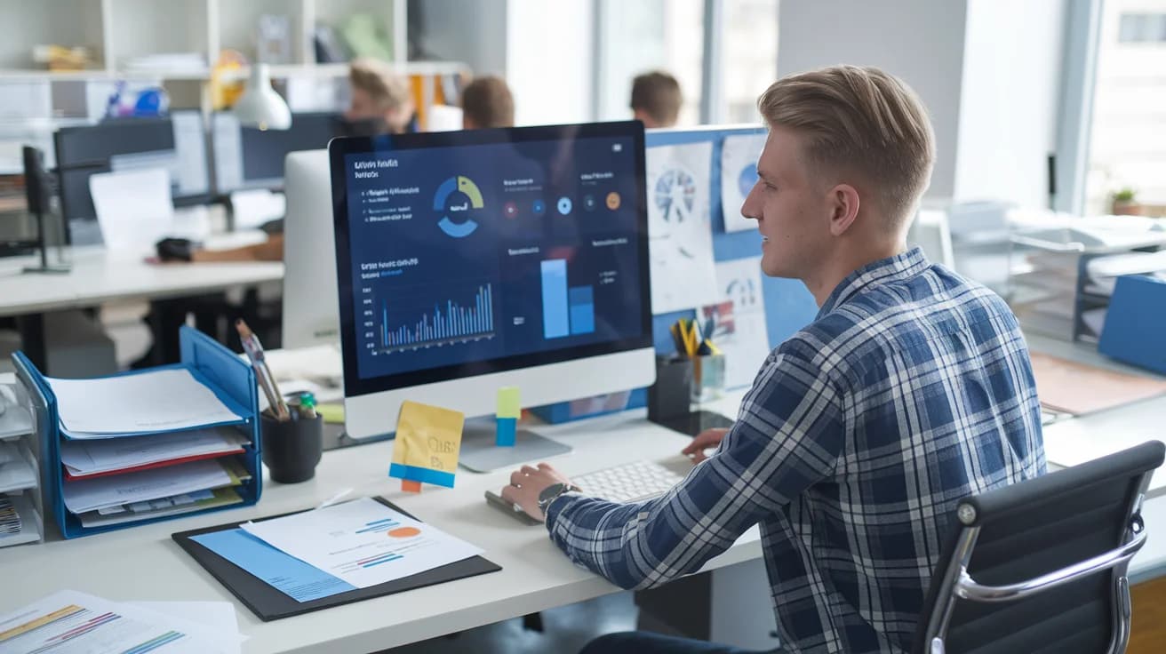 Joven trabajando en su ordenador en una oficina moderna, revisando las novedades de Power BI