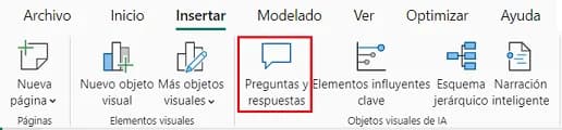 Función Preguntas y Respuestas en la Pestaña Insertar de Power BI