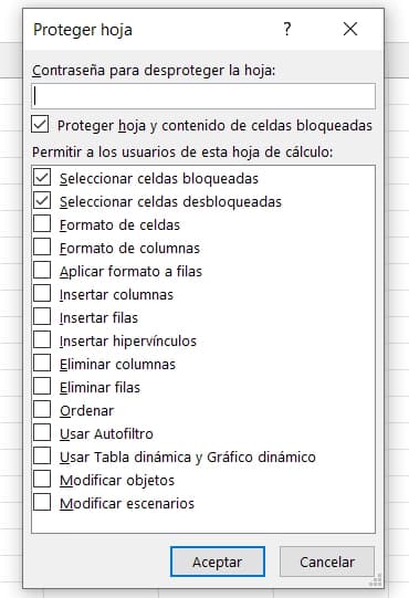 Menú Proteger Hoja de excel