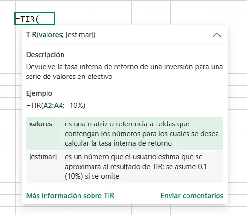 Función TIR en Excel