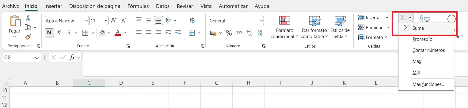 Ejemplo de función AUTOSUMA en Excel