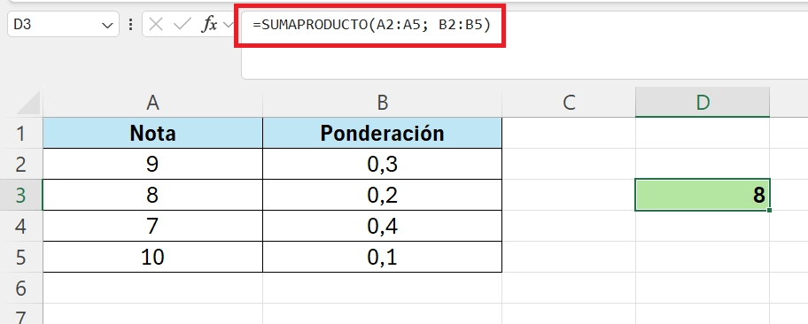 ejemplo media ponderada con sumaproducto en excel