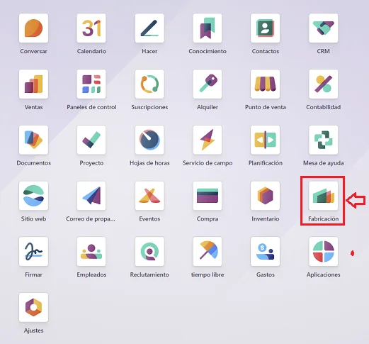 Módulo de Fabricación en la Pantalla de Módulos de Odoo