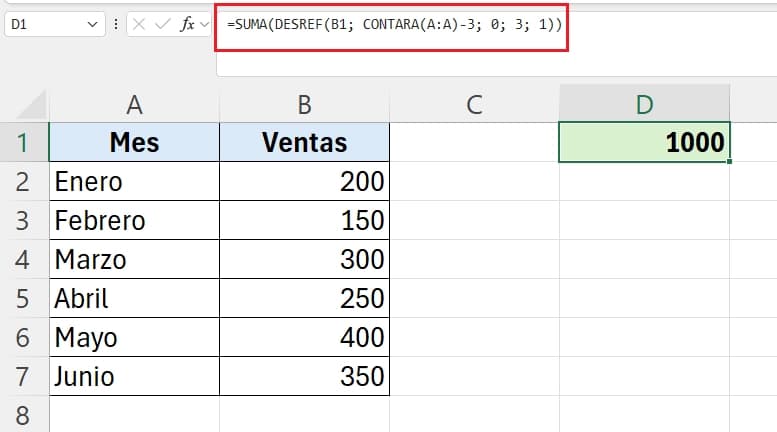 Ejemplo de función desref y suma en excel