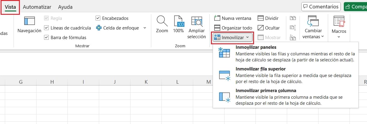 funcion inmovilizar de Excel