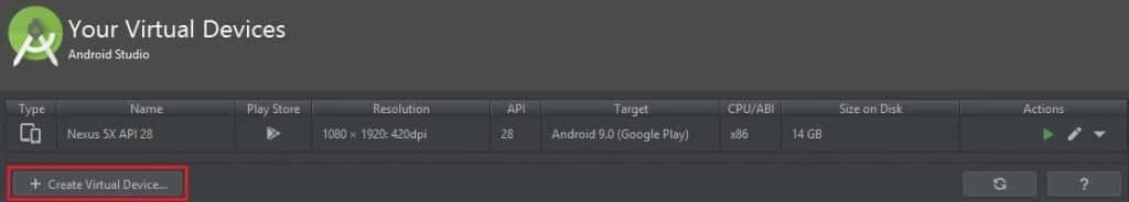 Opción Create Virtual Device en Android Studio