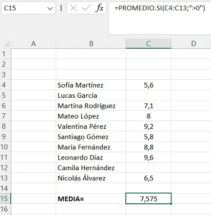 Ejemplo de Función PROMEDIO.SI en Excel
