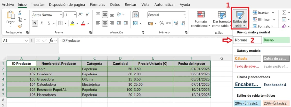 eliminar estilos visuales de tabla en excel