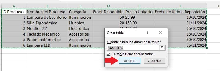 confirmar rango de una tabla en excel