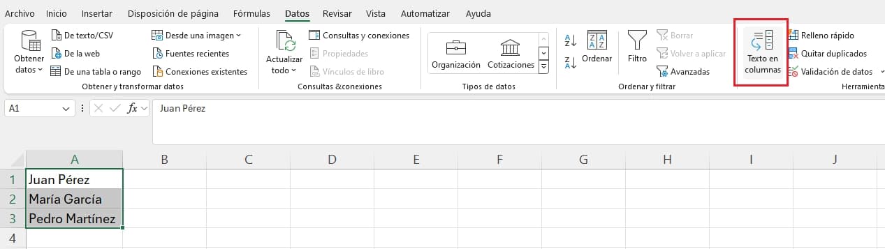 Función Texto en Columnas de excel