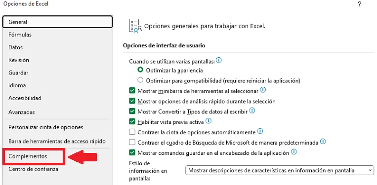 Ventana de opciones marcando la opción Complementos de Excel