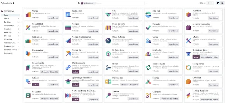 Pantalla de Apps en Odoo