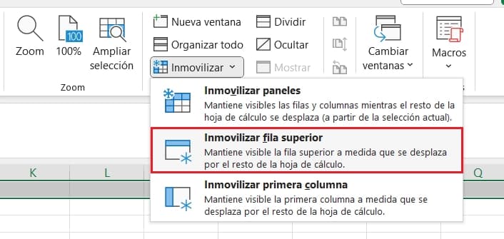 Inmovilizar Fila en Excel