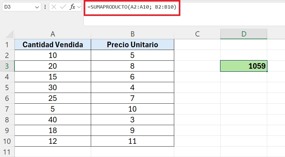 ejemplo cálculo de ventas totales con sumaproducto en excel