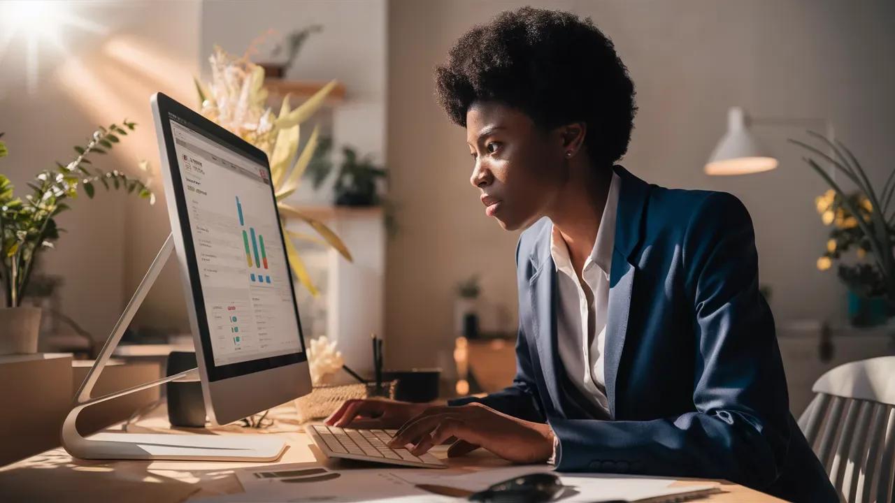 Mujer usando Power BI Embedded en su ordenador