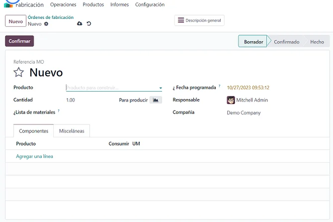 Orden de Fabricación en Odoo