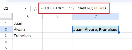 Ejemplo de textjoin en google sheets