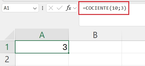 Ejemplo Función Cociente en Excel
