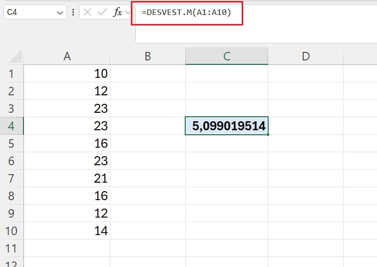 Ejemplo de Desviación Estándar en Excel con la función DESVEST.M