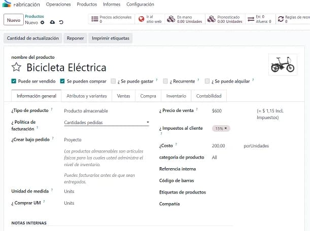 Pantalla de Configuración de Detalles de Producto en Odoo