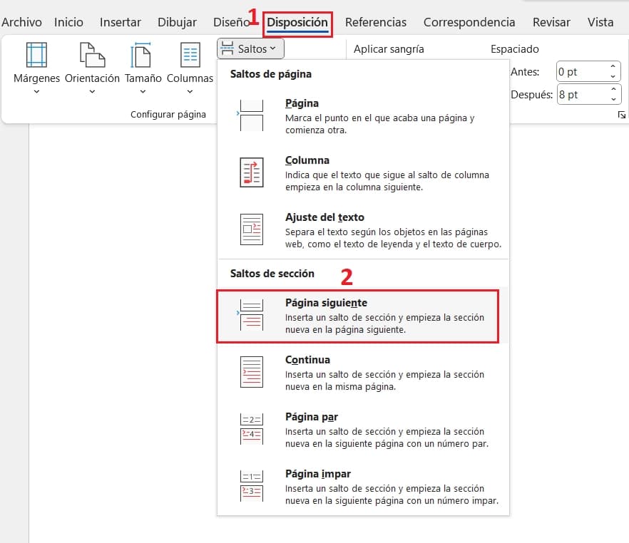 insertar una sección en Word