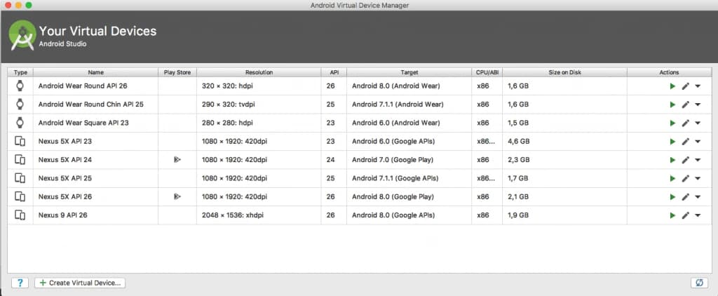 Virtual Devices en Android Studio