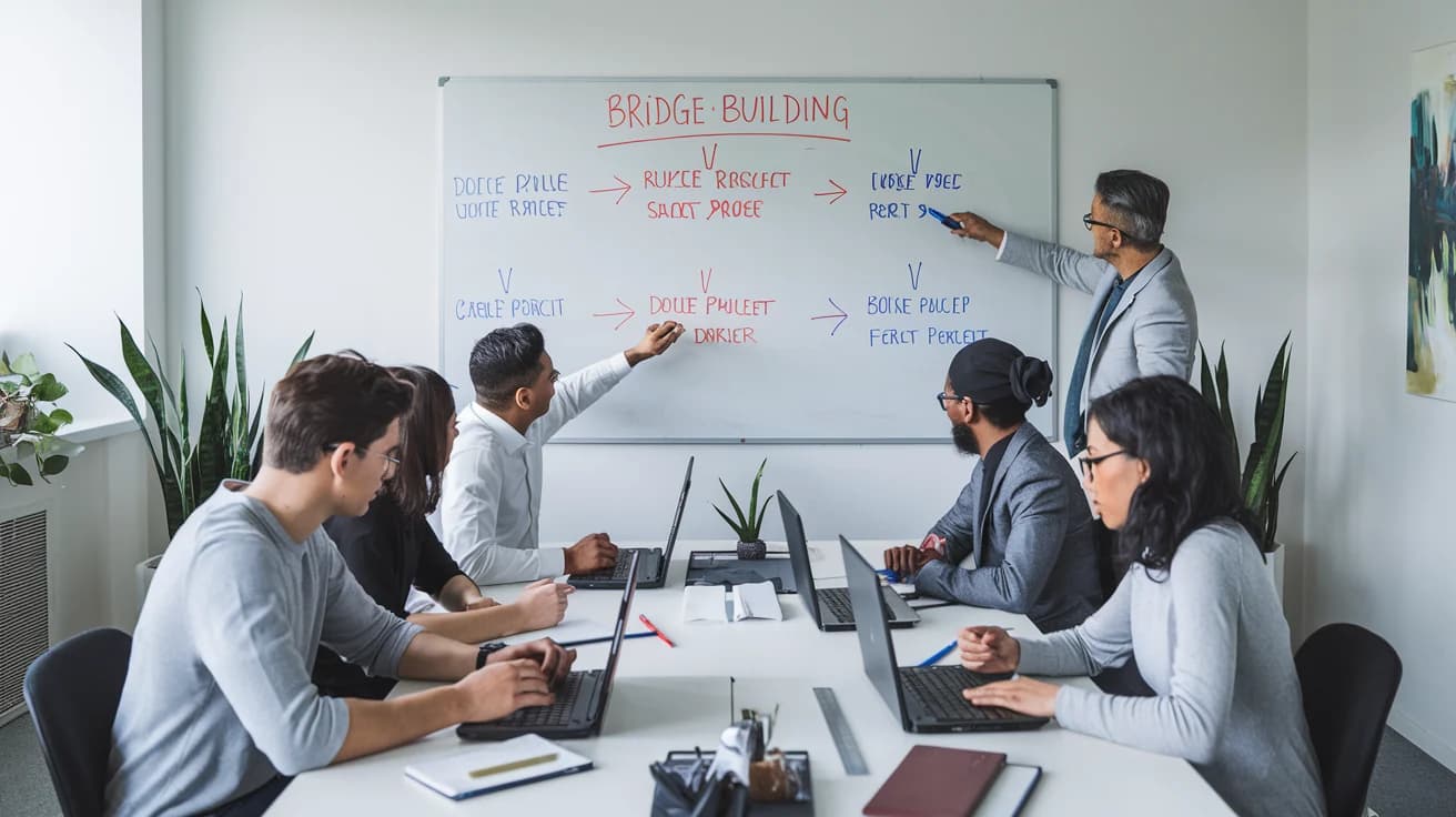 grupo de trabajadores usando estrategia de bridge building
