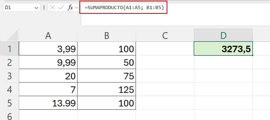 ejemplo de función sumaproducto en excel