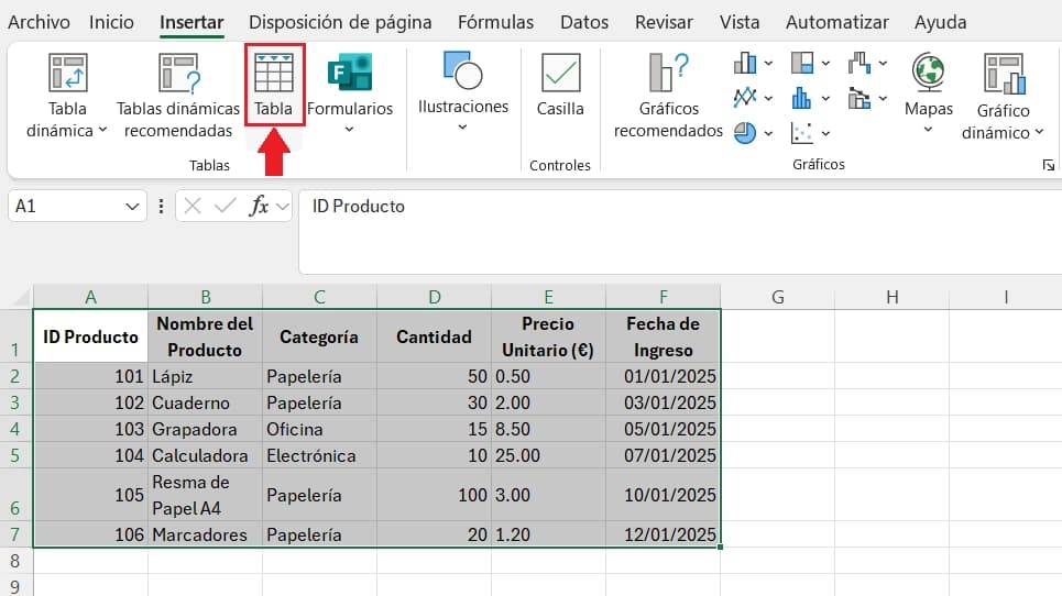 crear tabla en excel