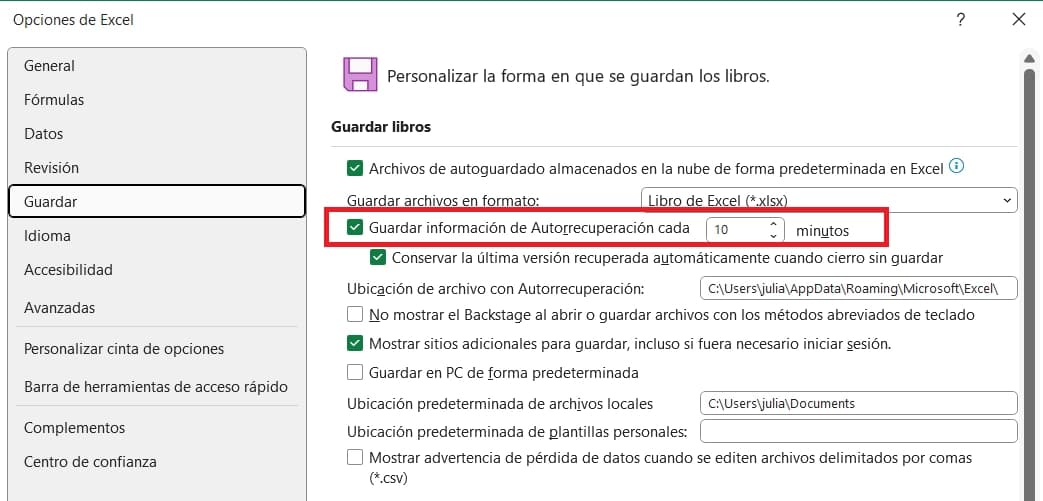 Autrorecuperación de archivos de excel
