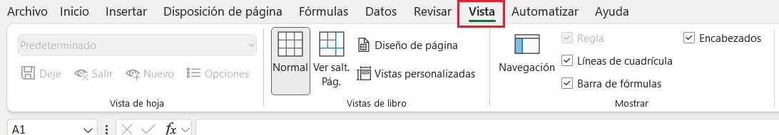 Pestaña Vista de Excel