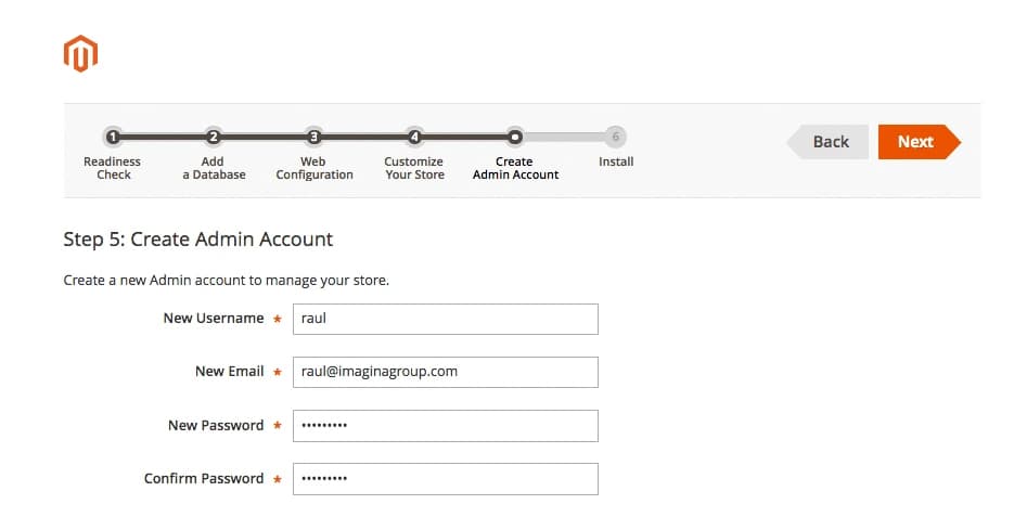 Quinto paso de la instalación de Magento