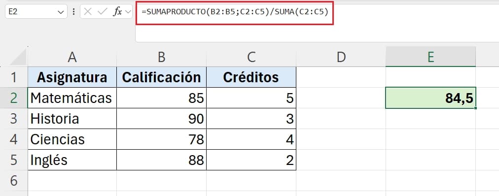 ejemplo de media ponderada con función sumaproducto