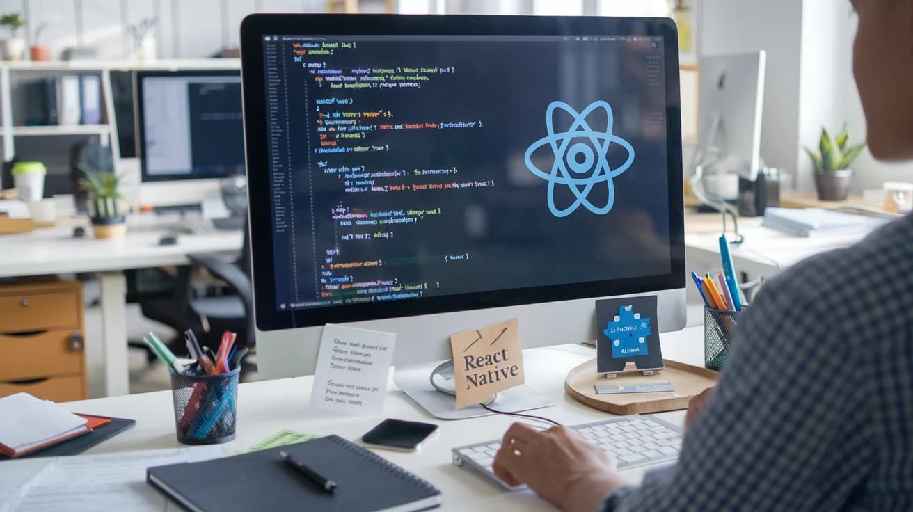 Persona trabajando en una oficina moderna con un ordenador mostrando una pantalla de código de React Native