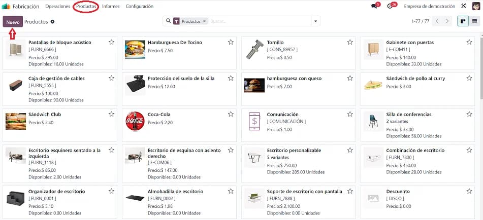 Pantalla de Productos en Odoo