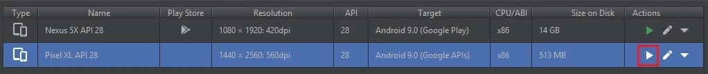 Lista de dispositivos de Android Studio