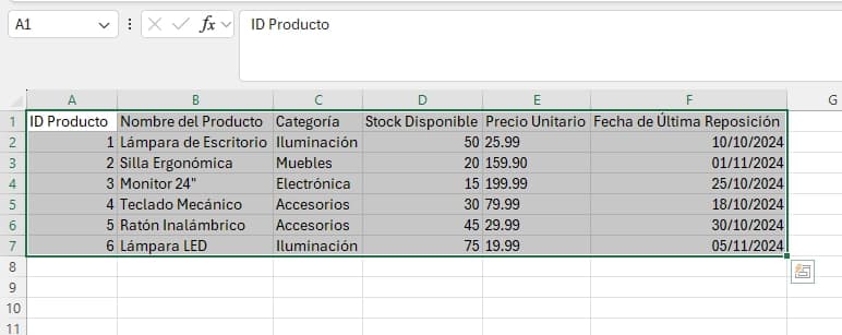 seleccionar rango de datos para tabla en Excel
