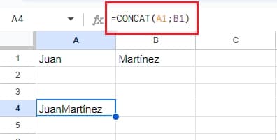 Ejemplo CONCAT en Google Sheets