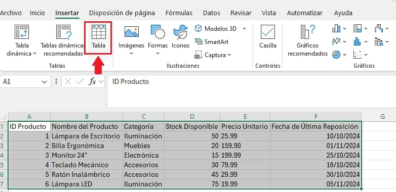 crear tabla en excel