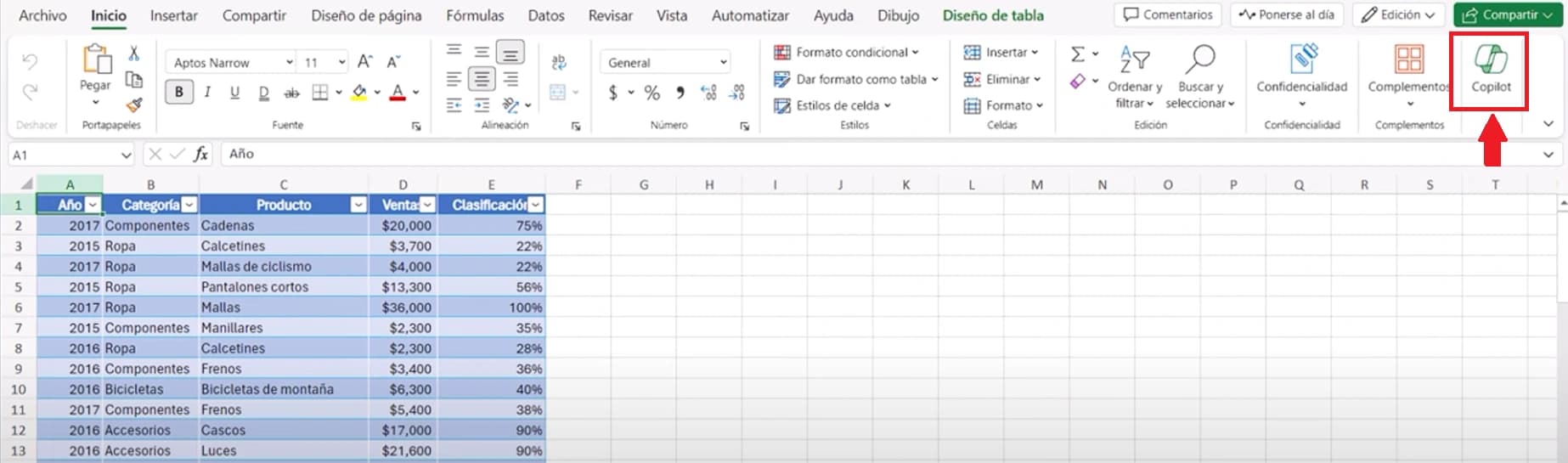 Función Copilot en Excel