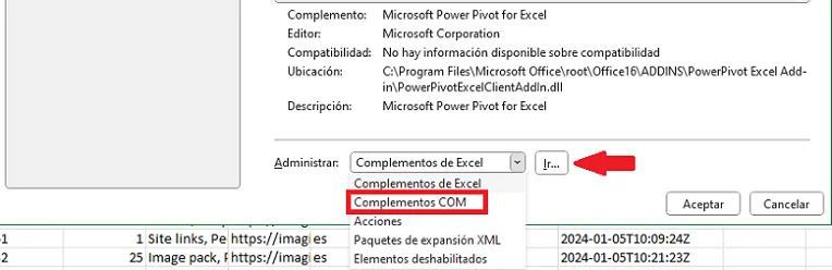 Pestaña Compementos de Excel