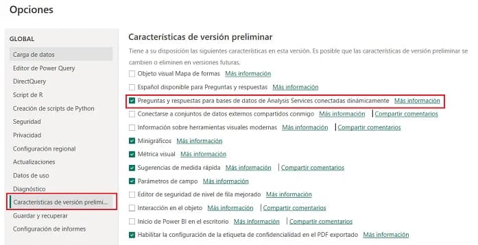 Habilitar Función Preguntas y Respuestas en Power BI