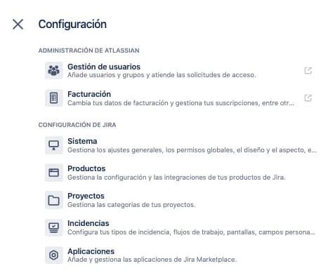 Ventana de Configuración de Jira donde aparece su Marketplace